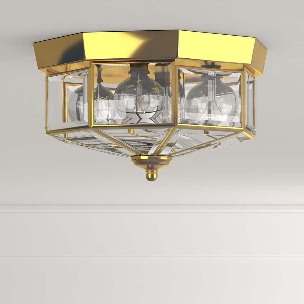 Polished Brass Octagonal Flush Mount with Beveled Glass