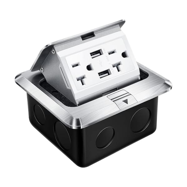 Silver 20A Weatherproof, Tamper Resistant Pop up Floor, Counter Top Outlet Kit with 2-Outlets. 2 USB-A Ports - (1-Pack)