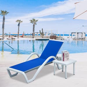 Outdoor Chaise Lounge with Side Table Set with Blue Textilene Fabric Aluminum Frame Set of 2