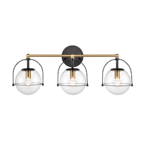 Lenwood 24 in. W 3-Light Satin Brass Vanity Light with Glass Shades