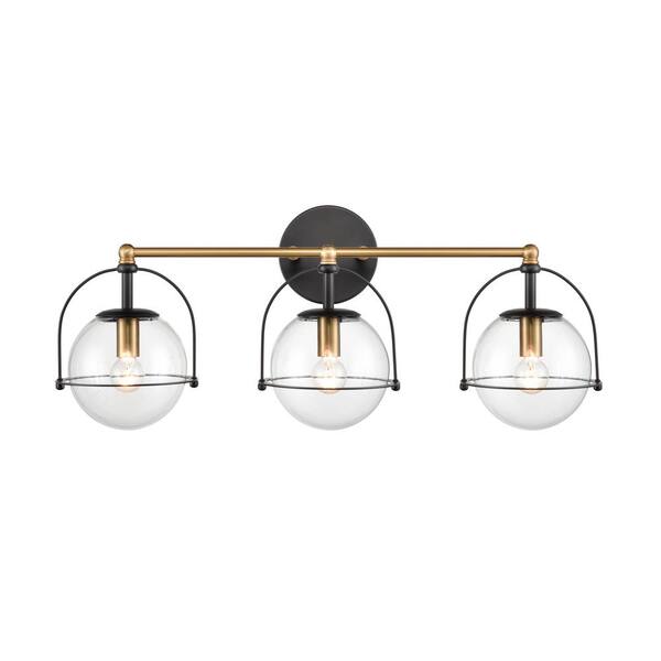 Titan Lighting Lenwood 24 in. W 3-Light Satin Brass Vanity Light with Glass Shades