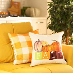 Yellow and Orange Decorative Fall Thanksgiving Plaid and Pumpkins 18 in. x 18 in. Square Throw Pillow Cover (Set of 2)