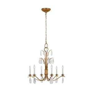 Shannon 26 in. W x 27 in. H 6-Light Antique Gild Indoor Dimmable Medium Chandelier with Glass Crystal Drops