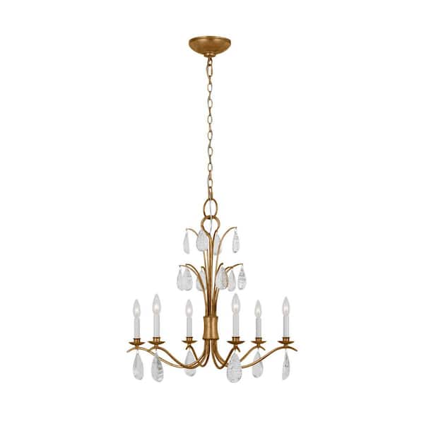 Shannon 26 in. W x 27 in. H 6-Light Antique Gild Indoor Dimmable Medium Chandelier with Glass Crystal Drops