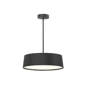 Groove 26-Watt 1-Light Black Drum Integrated LED Pendant 3 CCT Modern Hanging Chandelier Light Fixture for Dining Room