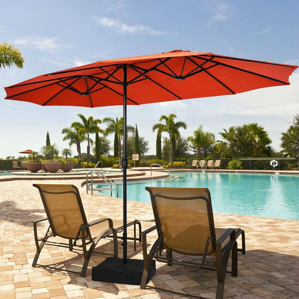 15 ft Orange Double-Sided Patio Umbrella with Crank and Base