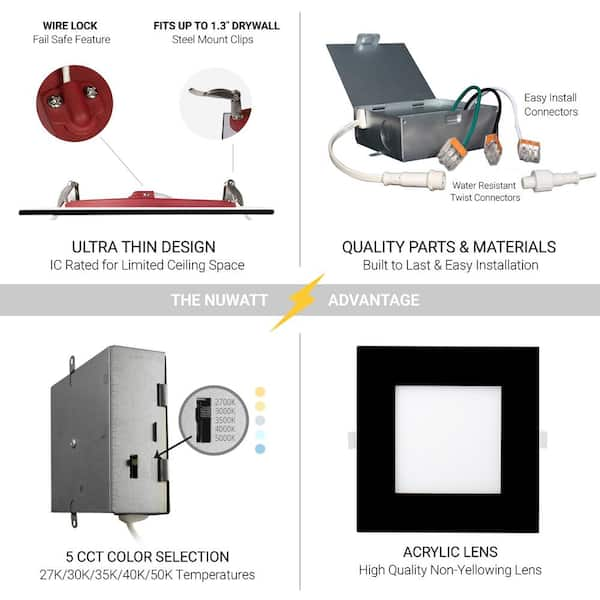 NuWatt 6 in. Black Square 2HR Fire Rated Canless 5CCT Select