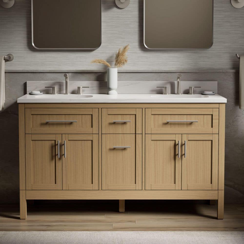 KOHLER Hadron 60 in. Double Sink Freestanding Light Oak Bath