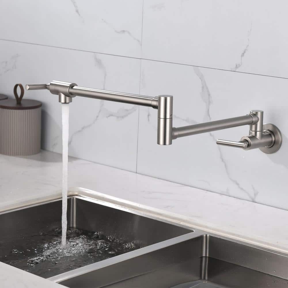Brushed Nickel Wall-Mounted Double Handle Pot Filler Faucet