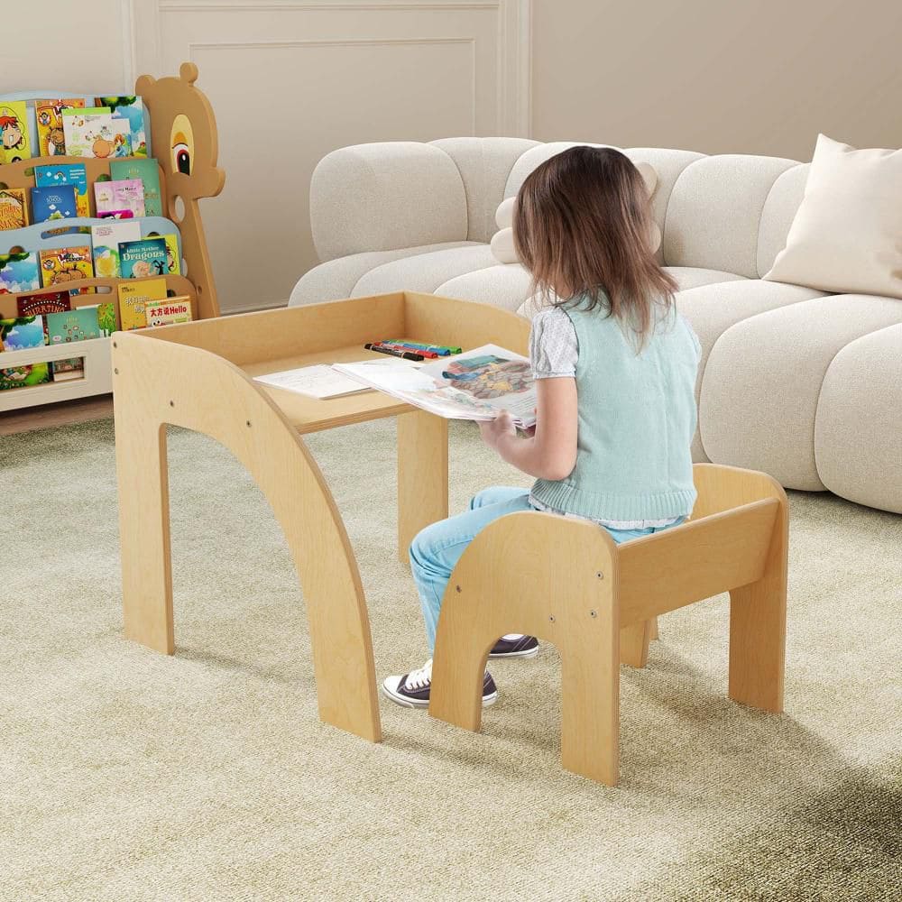 Costway 2-Piece Wood Top Natural Kids Desk and Chair Set Toddler Table ...