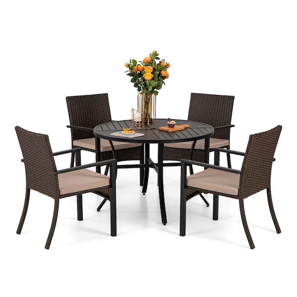 Phi Villa 5 Piece Wicker Outdoor Patio Furniture Set With Beige Cushions Thd5 409099 - Leaders Patio Furniture Delray