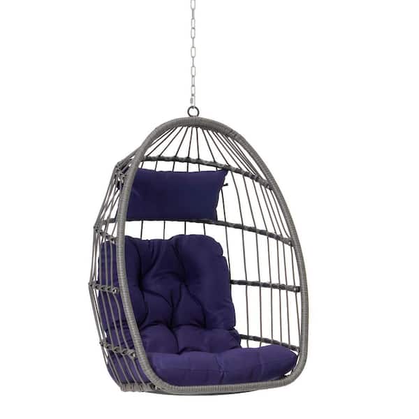 PARASOLAR 28.5 in. W 1-Person Gray Wicker Porch Swing with Dark Blue Cushions and Foldable Function, Egg Swing Chair