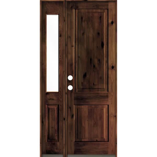 Krosswood Doors 44 in. x 96 in. Rustic knotty alder 2-Panel Right-Hand/Inswing Clear Glass Red Mahogany Stain Wood Prehung Front Door