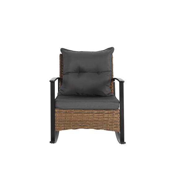 Grey Wicker Outdoor Rocking Chair with Grey Cushions and Table 3-Piece Set