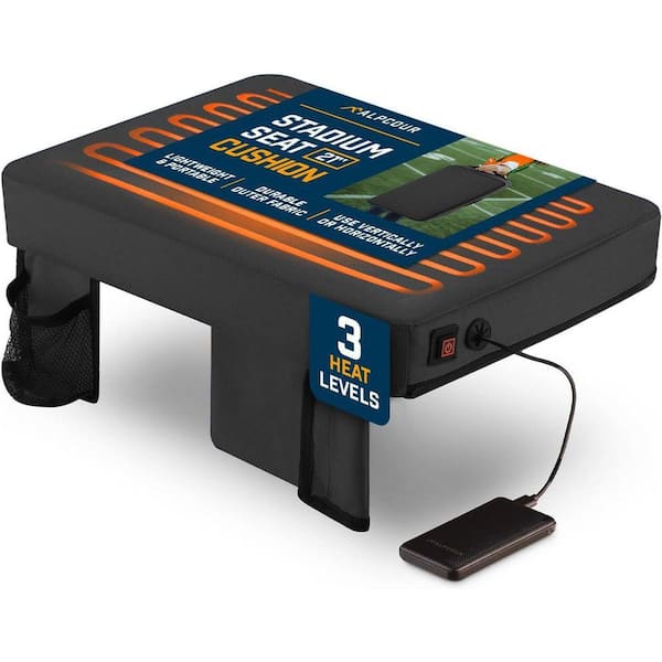 Premium Black Waterproof Polyester Heated Stadium Cushion with Pockets and 3-Heat Levels