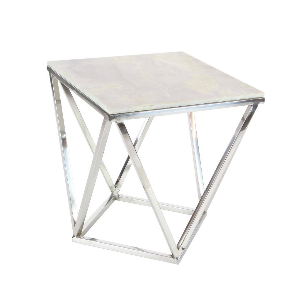 Elegant Silver Stainless Steel & Marble Square Accent Table - 18" x 21"