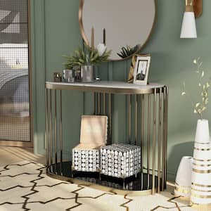 Hexalla 42.13 in. Black and Glossy White Oval Faux Marble Console Table