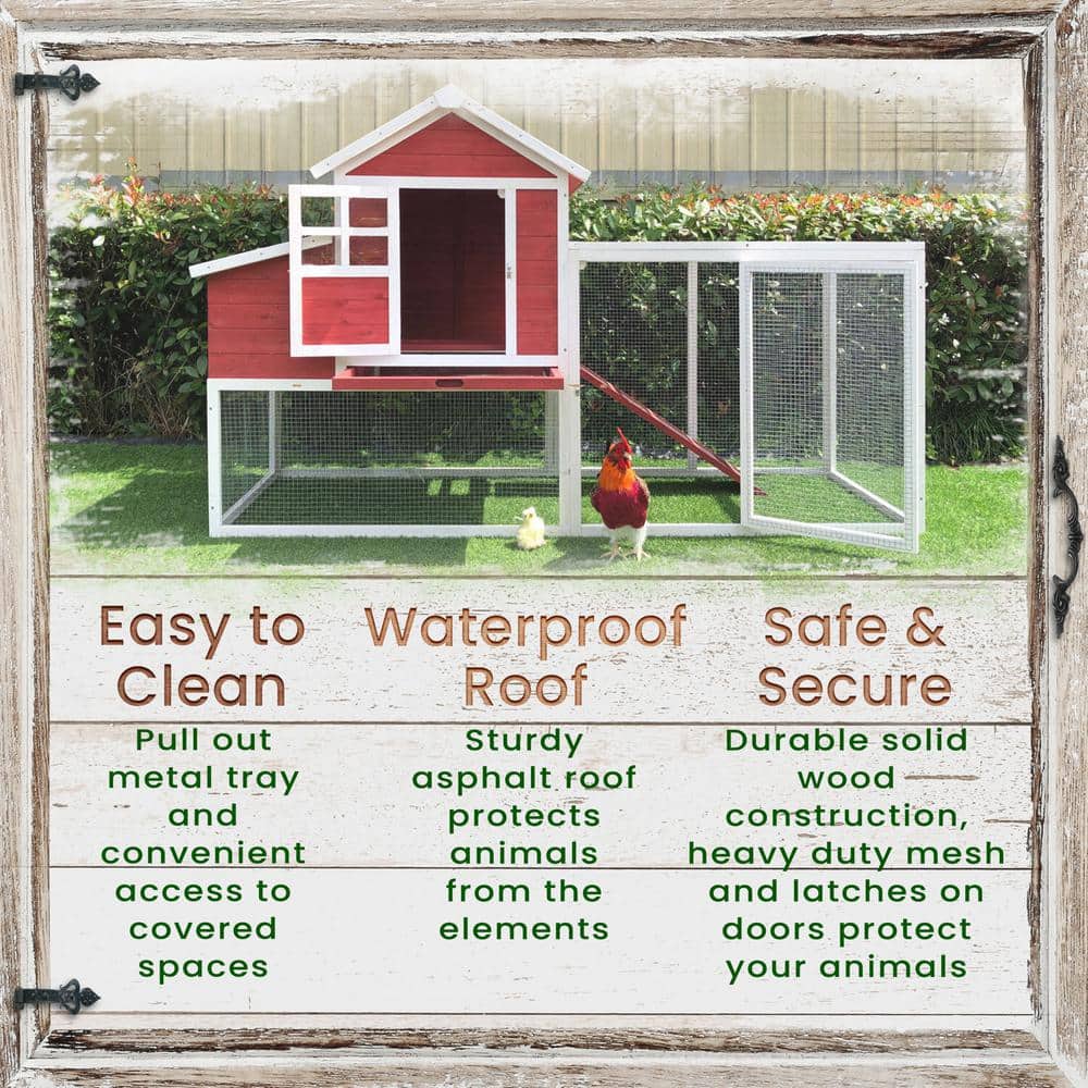 Red and White Elevated Wooden Chicken Coop with Mesh Run