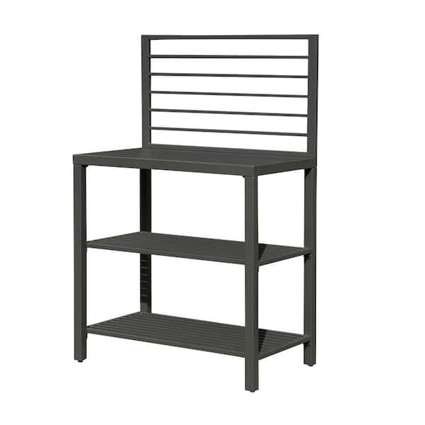 Outdoor Counter Electric Long Kitchen Grill Island with Wall Hanging, Storage Racks in Gray