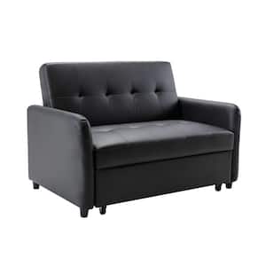 33.8 in. Black Solid Faux Leather 2-Seater Convertible Sleeper Loveseat with USB Ports