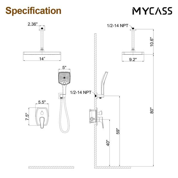 MYCASS 14 in. Single-Handle 3-Spray Rectangle Rain Shower