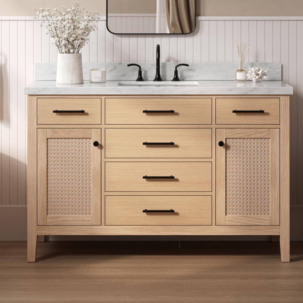 Camila 55" Light Brown Oak Single Sink Bathroom Vanity with Carrara Marble Top