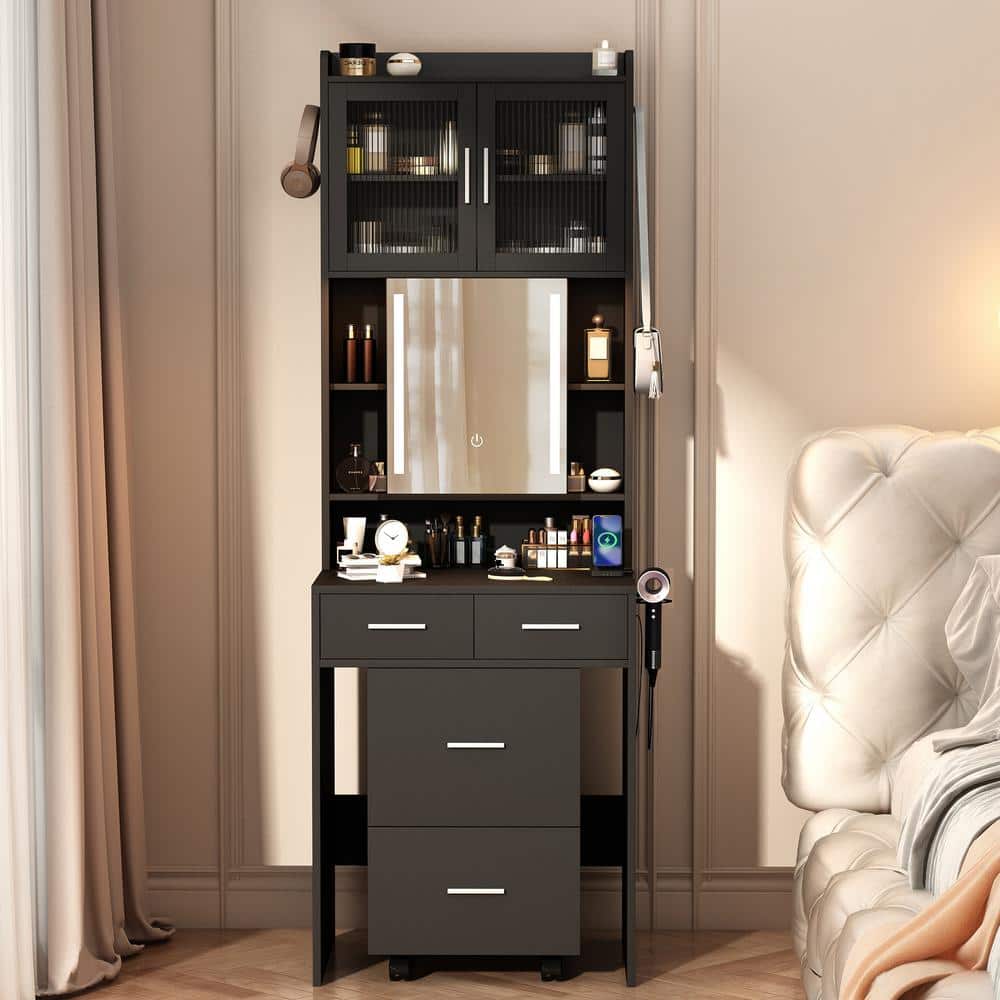 2-Piece Black Makeup Vanity Set with Mirror