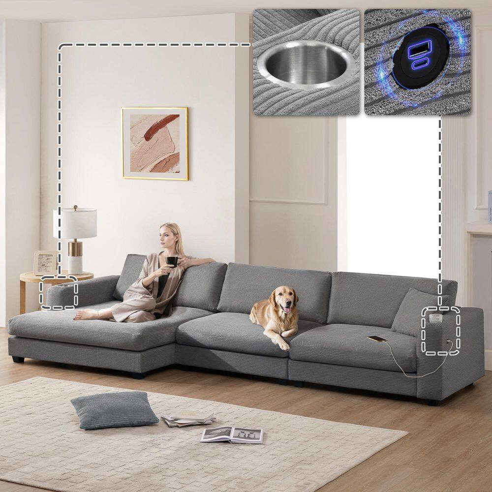 134 in. L-Shaped Corduroy Sectional Sofa, 4-Seat Sofa with Chaise, USB Charging and Cup Holders, Cloud Couch in Gray price history on PriceWatchPro