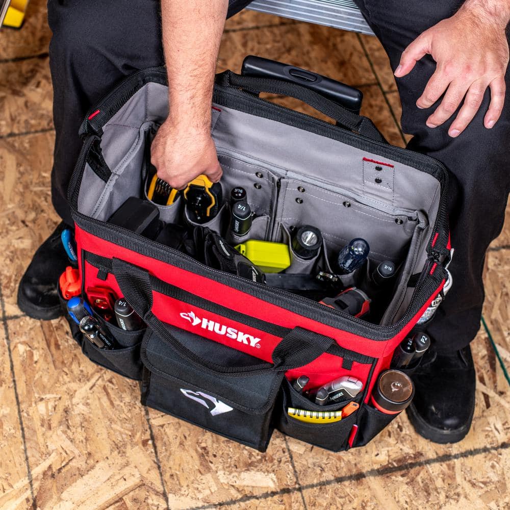 18-inch Red and Black Rolling Tool Bag with Multiple Pockets
