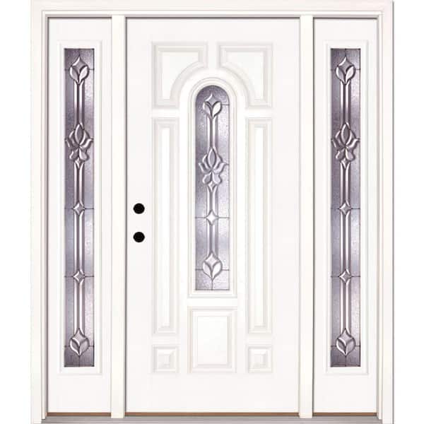 Feather River Doors 59.5 in.x81.625 in. Medina Zinc Center Arch Lite Unfinished Smooth Right-Hand Fiberglass Prehung Front Door w/Sidelites