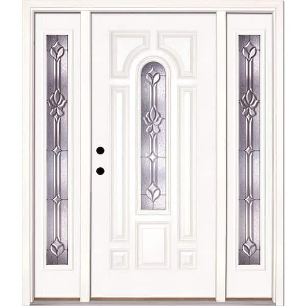 Feather River Doors 63.5 in.x81.625 in. Medina Zinc Center Arch Lite Unfinished Smooth Right-Hand Fiberglass Prehung Front Door w/Sidelites
