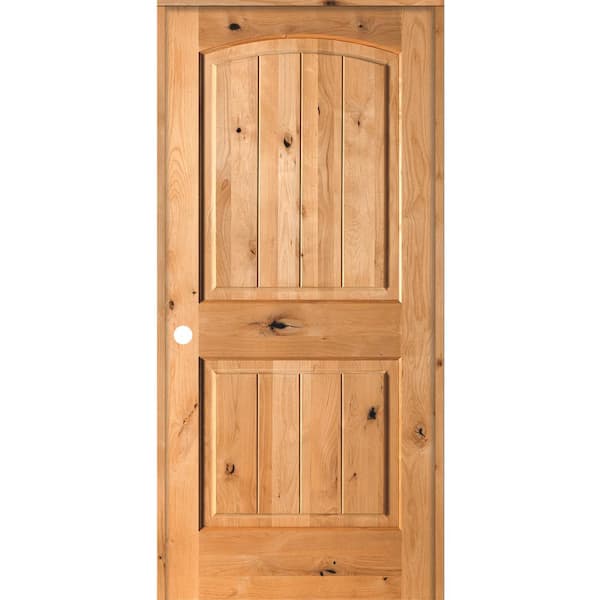 EMOH 36 in. x 80 in. Knotty Alder 2 Panel Right-Hand Arch Top V-Groove Clear Stain Solid Wood Single Prehung Interior Door