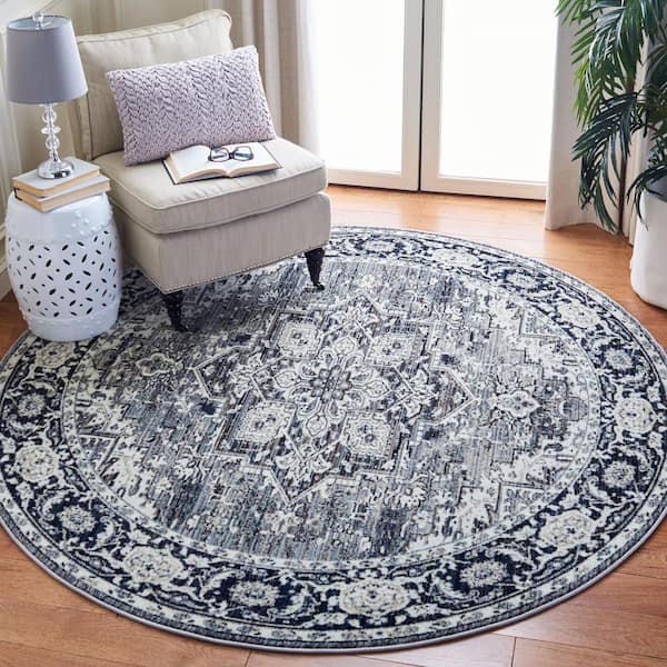 Herat Navy/Ivory 7 ft. x 7 ft. Border Medallion Floral Round Area Rug