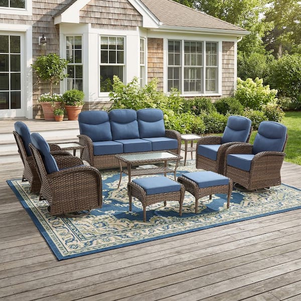 Moonridge 10-Piece Brown Wicker Patio Conversation Set with 6 in. Olefin Blue Cushions/Patio Swivel Chairs with Sofa
