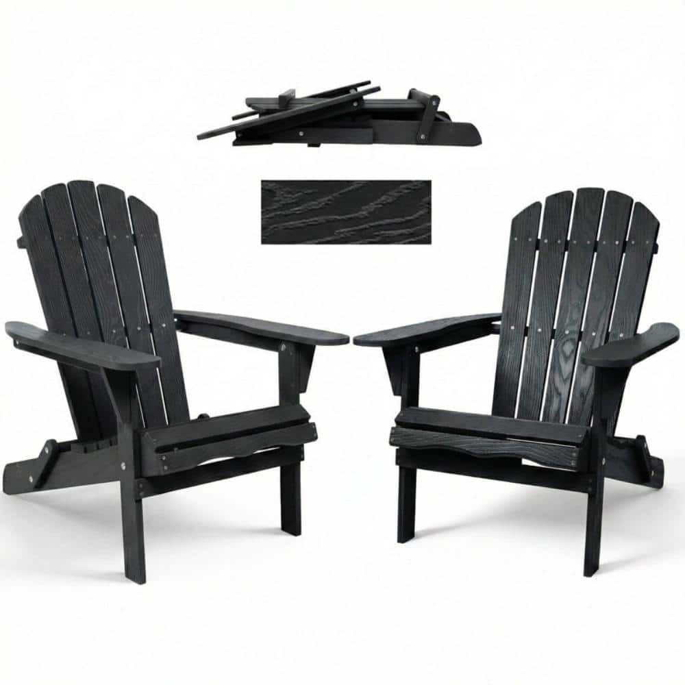 SUNRINX Black Cedar Wood Folding Adirondack Chair Set of 2 with
