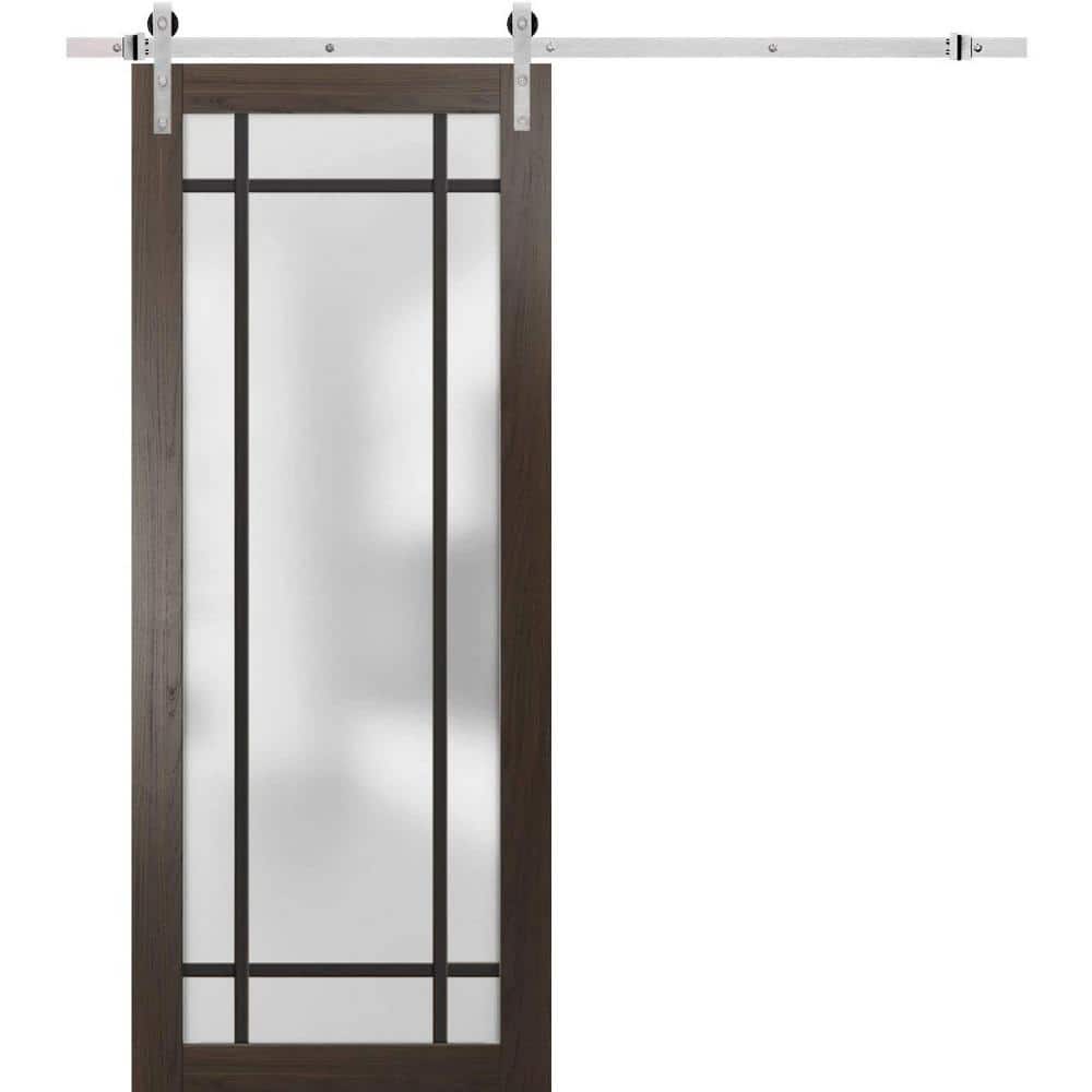 Assembly Required 18 in. x 96 in. 1-Panel Frosted Glass Chocolate Ash Solid Wood Sliding Barn Door with Hardware Kit price history on PriceWatchPro
