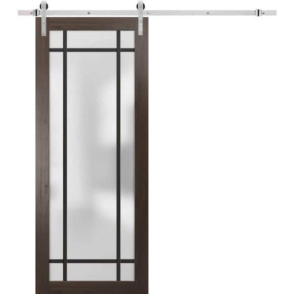 Sartodoors 30 in. x 80 in. 1 Panel Frosted Glass Chocolate Ash Solid Wood Sliding Barn Door with Hardware Kit