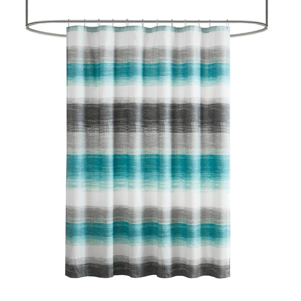 Aqua and Grey Watercolor Stripe Shower Curtain with Liner