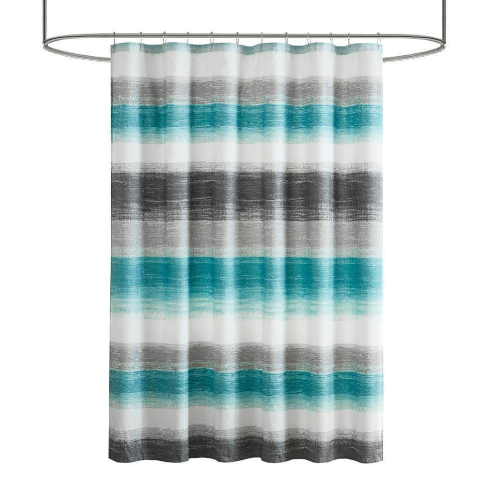 Aqua and Grey Watercolor Stripe Shower Curtain with Liner