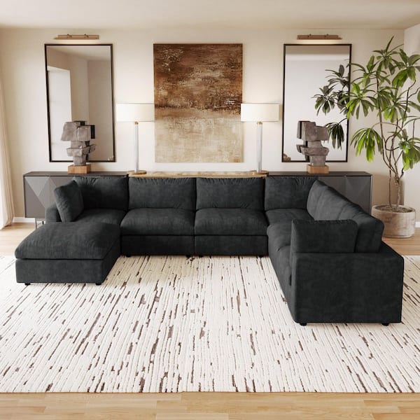 Sofa Covers Washable, 134 in. Square Arm Chenille Modular Sofa with Ottoman and Solid Pine Wood Frame in Black