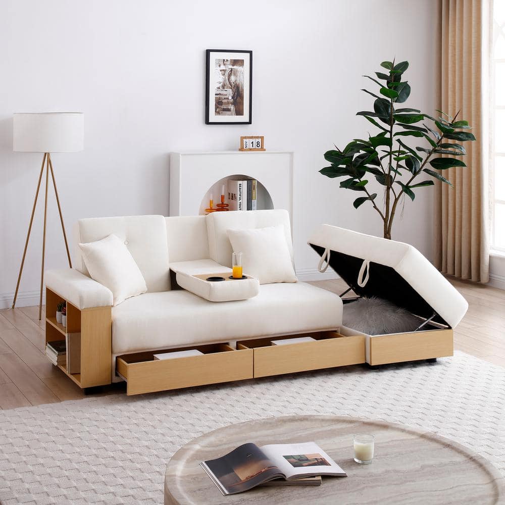 84.6 in. Beige Square Arm Linen Twin Size Convertible Sofa Bed