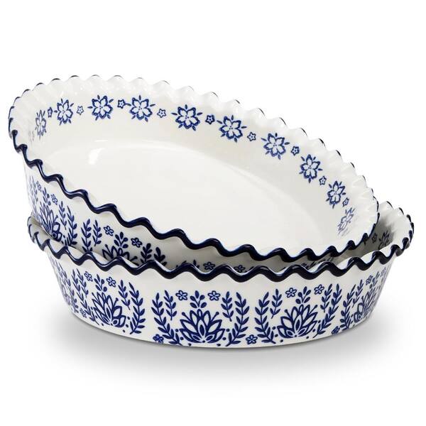 2 Pack 10.4 in Deep Round Ceramic Pie Pans with Ruffled Edges Floral Pattern Nonstick Bakeware Pie Dishes