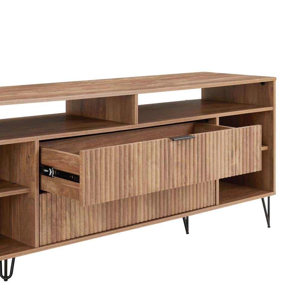 Golden Brown Mid-Century Modern TV Stand with Cabinet and Shelves