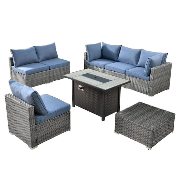 Helene Gray 8-Piece Wicker Outdoor Patio Conversation Sectional Sofa Set with a Metal Fire Pit and Denim Blue Cushions