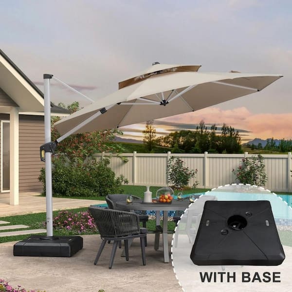 11 ft. Octagon High-Quality Aluminum Cantilever Polyester Outdoor Patio Umbrella with Stand, Beige