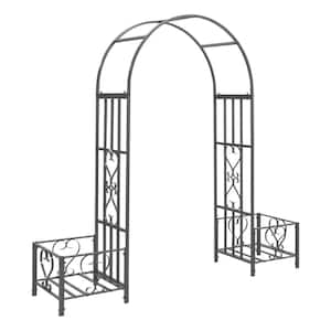 Gray Steel Garden Arch Arbor with Scrollwork Hearts Backyard Planter Boxes Climbing Vines for Weddings and Party Decor