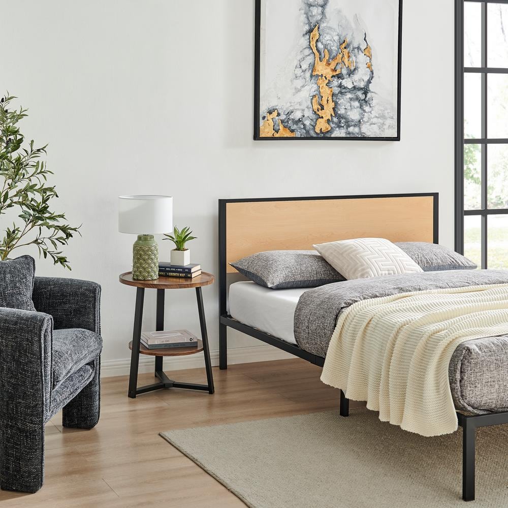 Walnut and Black Round Two-Tier Accent Table with Metal Legs