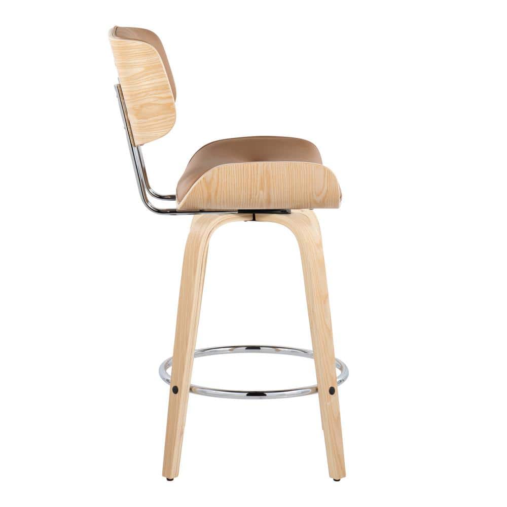 Camel Faux Leather and Natural Wood Swivel Counter Stools