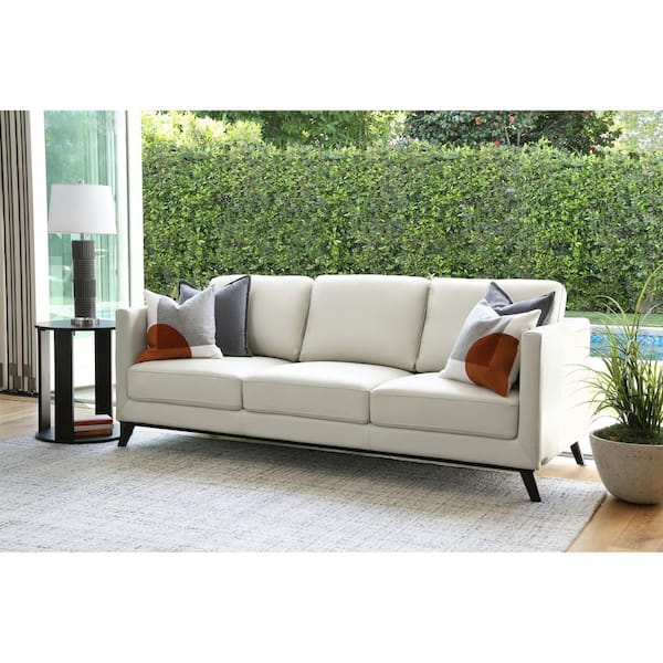 DEVON & CLAIRE Walter Mid Century 89 in. Slope Arm Top Grain Leather Rectangle Sofa in. Ivory