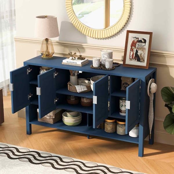 Navy Blue MDF Wood Buffet with 4-Doors, Double Hooks, Open Shelf and 2-Tiers Adjustable Shelves